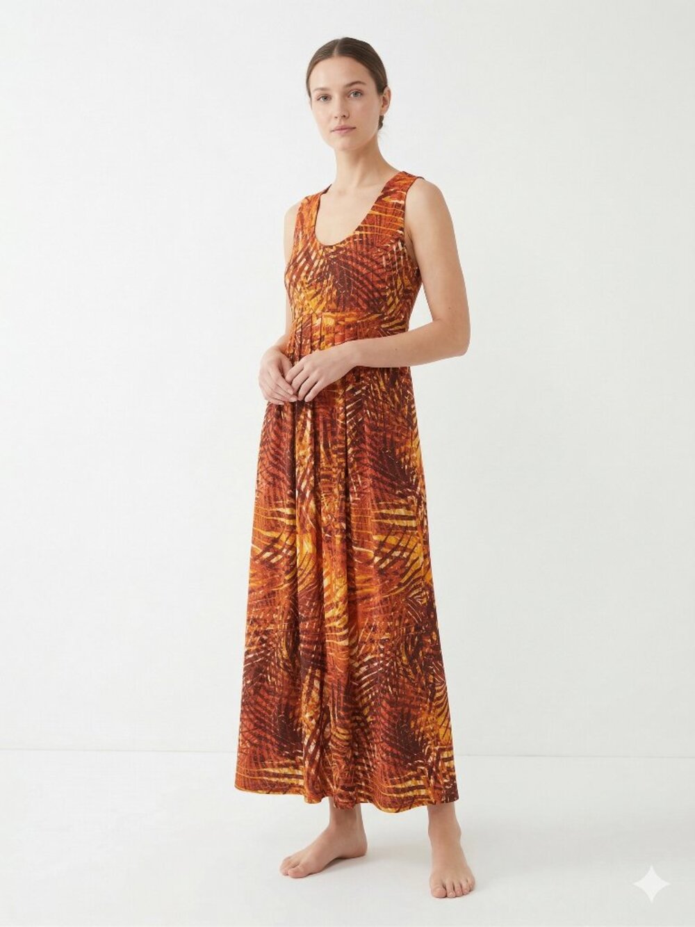 Ruby Rd. Dress Orange Palm Leaf Tropical Maxi Sleeveless Summer Beach L